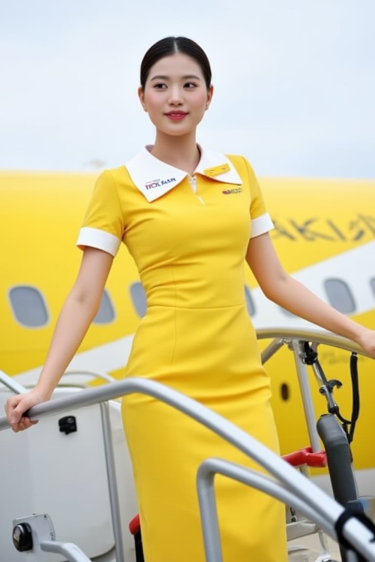 "NOK AIR" A woman wearing a flight attendant uniform stands thai on the stairs next to the plane. She is wearing a yellow dress and her hands are on the railing. The plane has a yellow and white exterior. The airport atmosphere.