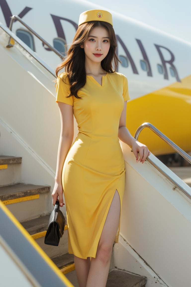 "NOK AIR" A woman wearing a flight attendant uniform stands thai on the stairs next to the plane. She is wearing a yellow dress and her hands are on the railing. The plane has a yellow and white exterior. The airport atmosphere.,Beautiful russian stewardess