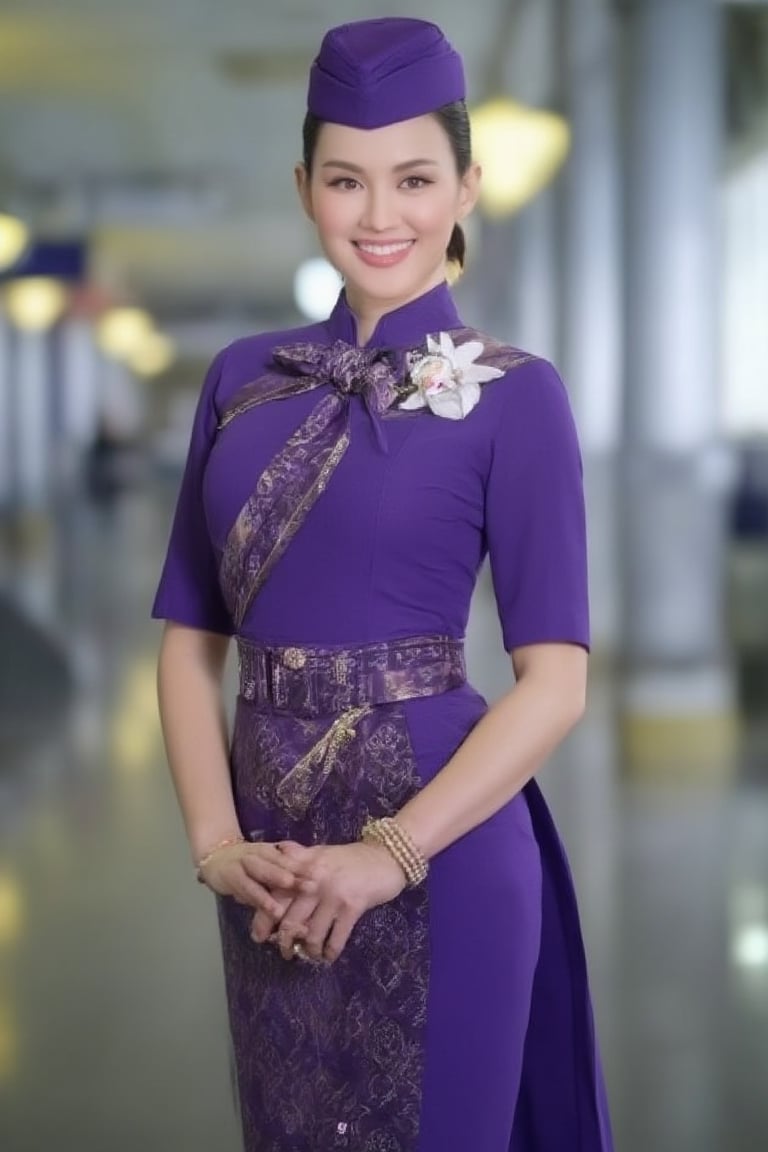 "Thai Airways" Portrait  Beautiful flight attendant in Thai silk dress, purple blouse and skirt decorated with gold, standing with hands together in a Thai wai gesture, smiling brightly, hair tied neatly, wearing an orchid accessory on the shoulder, a tie around the neck, wearing a purple hat. The atmosphere in the airport passenger terminal emphasizes Thai dress and elegant gestures, conveyed realistically with detailed fabric and bright shades to emphasize the elegance of Thai culture. "Air Hostess"
