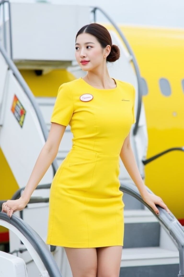 A woman wearing a flight attendant uniform stands thai on the stairs next to the plane. She is wearing a yellow dress and her hands are on the railing. The plane has a yellow and white exterior. The airport atmosphere.