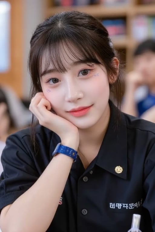 Let's study
A 18-year-old woman with short black hair, bangs, a blue bow, and a high school uniform, sits at a desk. She smiles gently and rests her hand on her chin as she looks directly at the camera. The soft and warm lighting creates a relaxed and inviting atmosphere. The background is a desk, adding a casual elegance to the classroom atmosphere.