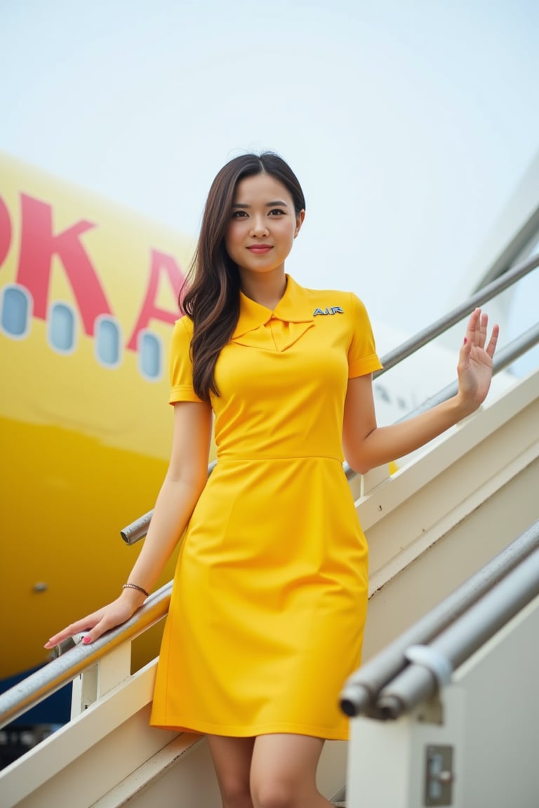 "NOK AIR" A woman wearing a flight attendant uniform stands thai on the stairs next to the plane. She is wearing a yellow dress and her hands are on the railing. The plane has a yellow and white exterior. The airport atmosphere.,Beautiful russian stewardess