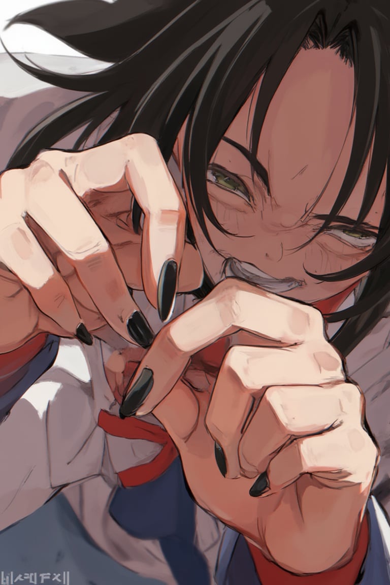 An anime-style close-up of two hands, one with slim long fingers and black nails, trying to pull away, while the other hand grips it forcefully, attempting to hold it in place. The scene is tense, with contrasting expressions of resistance and force, rendered in vibrant, dynamic anime style.