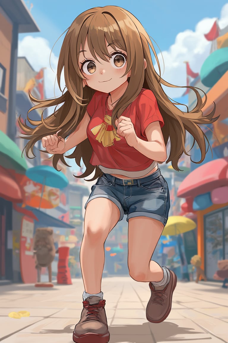 An anime girl with a cute, tall stature, standing confidently with a slight smile. She has large, expressive eyes, long flowing hair, and a youthful, vibrant appearance. The scene captures her in a dynamic pose, possibly mid-stride or with a playful gesture, set against a colorful, lively background.