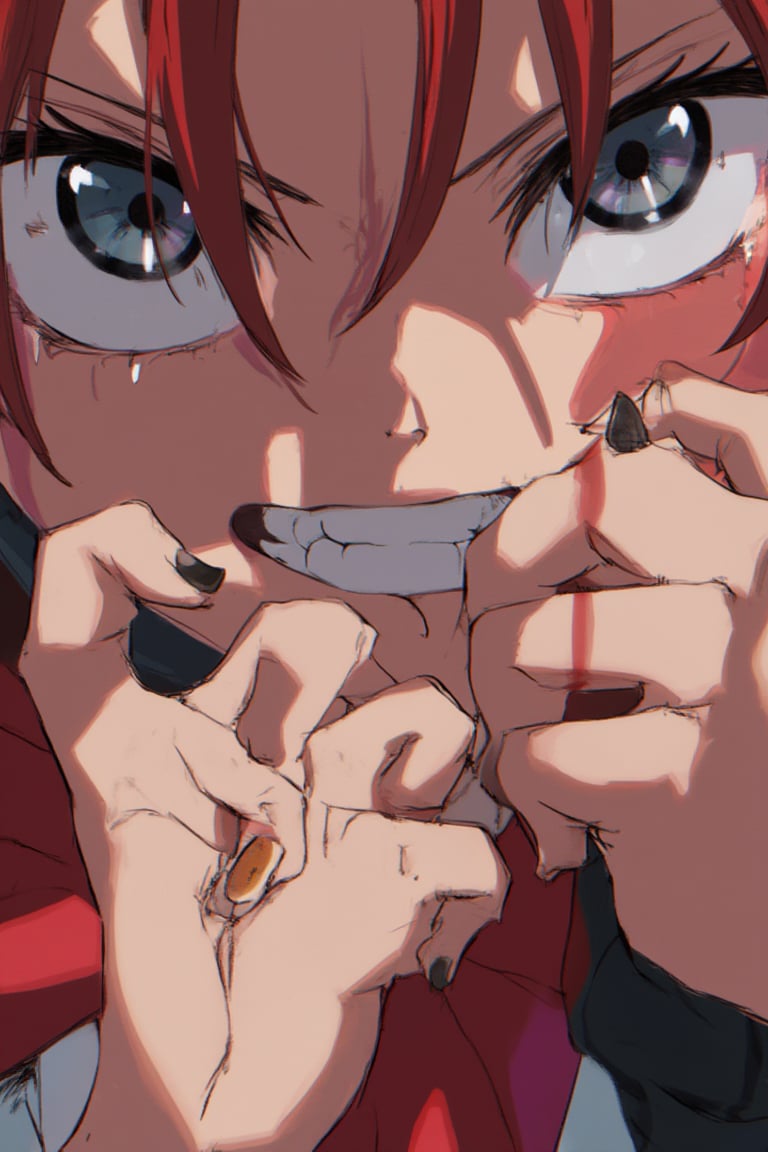 An anime-style close-up of two hands, one with slim long fingers and black nails, trying to pull away, while the other hand grips it forcefully, attempting to hold it in place. The scene is tense, with contrasting expressions of resistance and force, rendered in vibrant, dynamic anime style.