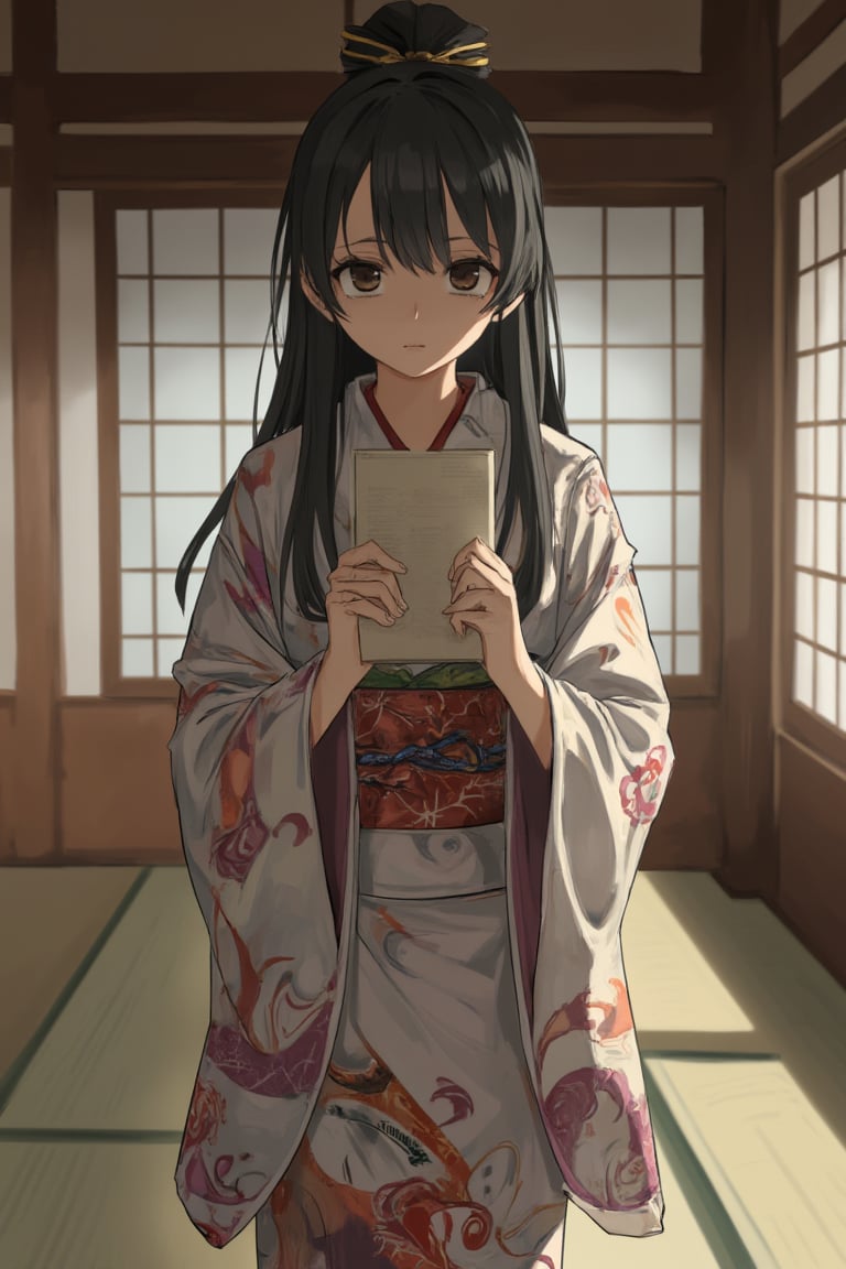 Main Female Character Appearance:

Age: 25
Height: 5'6
Hair: Long, straight black hair tied in a traditional Japanese style
Eyes: Big, dark, and expressive eyes
Kimono: A flowing traditional kimono with intricate patterns and colorful accents

Scared holding marriage papers, the young woman stands in a traditional Japanese room, her long, straight black hair tied in a traditional style. Her big, dark, and expressive eyes reflect her fear. She wears a flowing kimono adorned with intricate patterns and colorful accents, clutching marriage papers tightly in her hands. The room is softly lit, with shoji screens and tatami mats adding to the serene yet tense atmosphere.