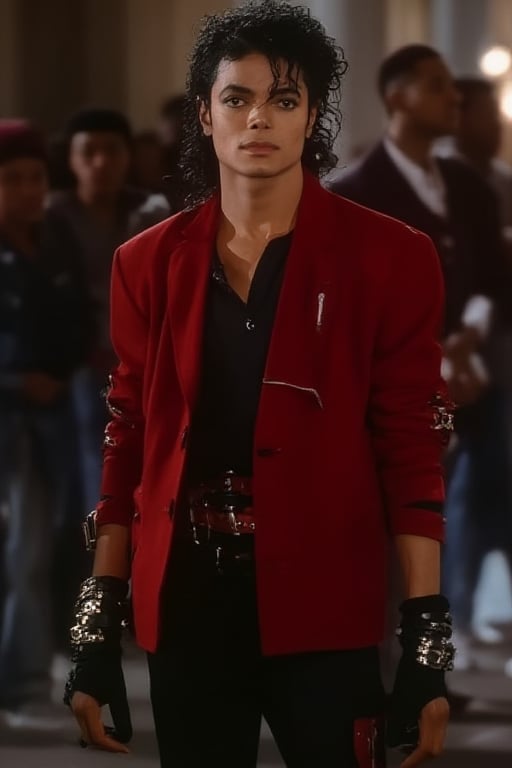 Michael Jackson wearing a dark red tuxedo 