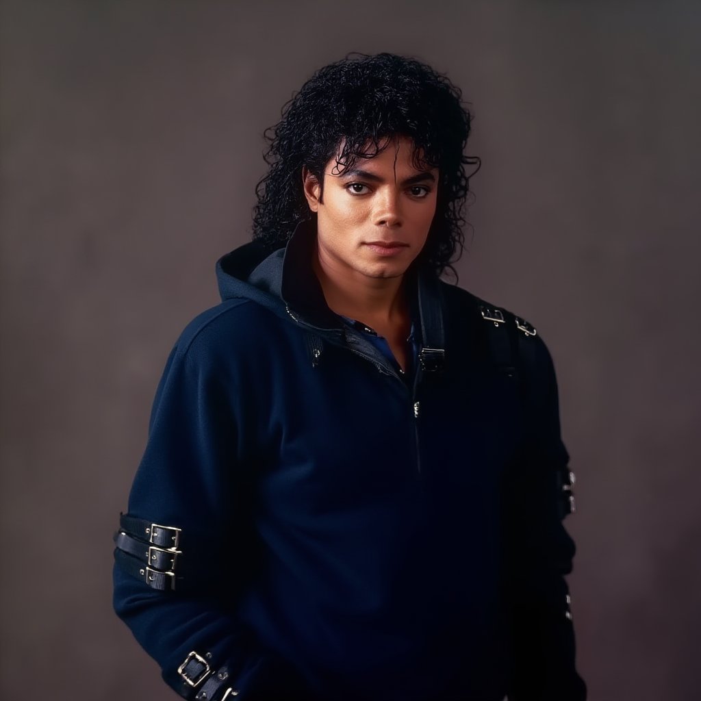 Michael Jackson wearing a dark blue hoodie 