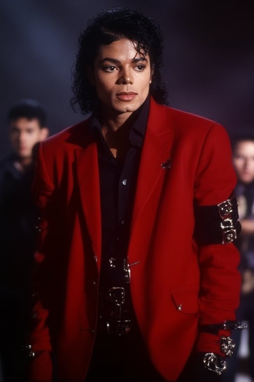 Michael Jackson wearing a dark red tuxedo 