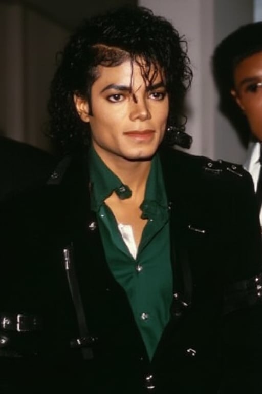 Michael Jackson wearing a dark green tuxedo smiling 