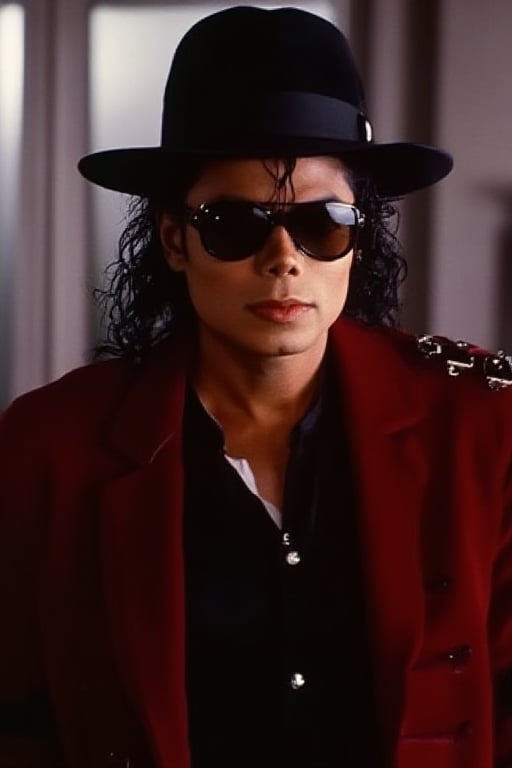 Michael Jackson wearing a dark red tuxedo with black fedora and sunglasses