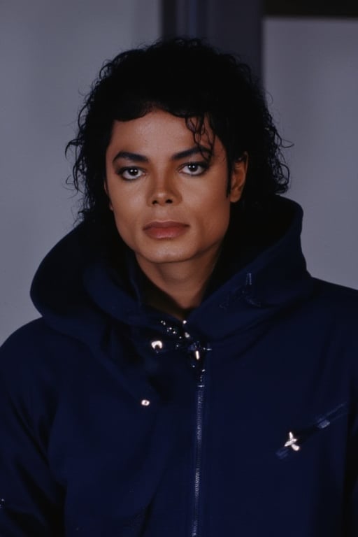 Michael Jackson wearing a dark blue hoodie 