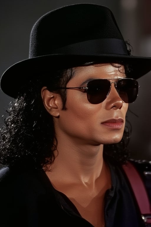 Michael Jackson wearing sunglasses and a black fedora 