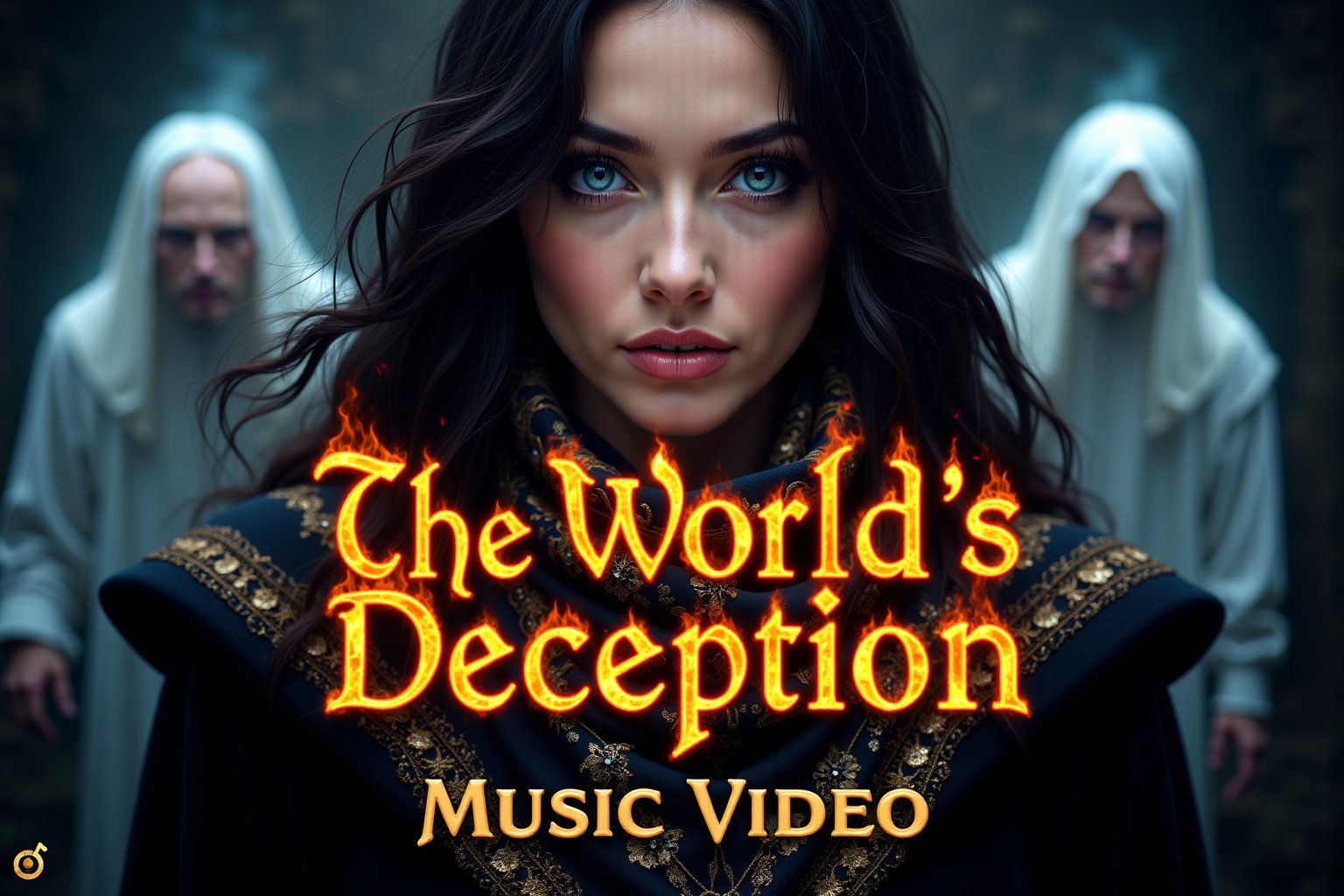 Create a high-quality YouTube thumbnail featuring the title 'The World’s Deception' in the center with a fiery, molten text effect. The text should appear as if flames are erupting from the letters, giving a sense of betrayal and destruction. The phrase 'Music Video' should be smaller, placed in the bottom corner of the image with a small music note icon next to it, clearly indicating it's a music video. Ensure the 'Music Video' text is noticeably smaller and doesn't overshadow the main title but is still clearly visible.

In the background, include a close-up of a 40-year-old European woman from the 1st century AD, with piercing blue eyes as deep as the night sky and raven-black hair flowing in soft waves around her face. She wears an opulent black gown with an ornate scarf embroidered in gold, silver, and gemstones, adding an aura of royal elegance. Her face should exude mystery and hypnotic beauty, capturing the viewer's attention.

Behind her, add ghostly figures of evil and greedy men, partially transparent and glowing ethereally. These spirits should appear menacing, with twisted expressions, reflecting their greed and wickedness. The overall design should maintain a spiritual and ancient feel, with the fiery text emphasizing betrayal and destruction, aidmatextimprover