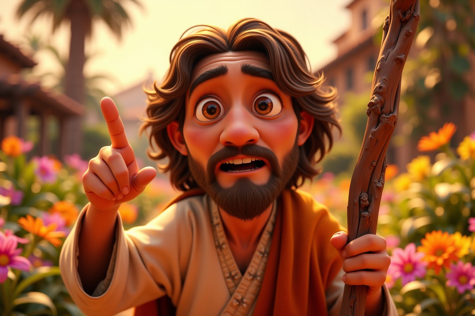 Style: Disney cartoon style, 8k, realistic lighting and shadows, vibrant colors, cinematic background, Pixar-like rendering style. Close-up image of Jesus Christ at 50 years old, walking at 180 cm tall. He has wavy light brown hair that reaches his shoulders, with a side part, and a medium-length, neatly trimmed light brown beard. His skin is light with a warm undertone, giving him a gentle and peaceful aura. His large, amber-colored eyes reflect a wise and instructive gaze. He is wearing a light beige robe with an orange shawl draped over one shoulder. His expression is thoughtful and authoritative, as if delivering a sermon. His right hand is raised, with his index finger pointing to the sky, emphasizing his words in a teaching or advising gesture. With a wooden stick in hand, a natural, 1.5 meters tall, with slight curves and a rough texture. It has uneven surfaces, small cracks, and visible knots in dark brown shades, giving it a rustic, old, and weathered appearance. In the background, you can see blurred but vibrant colors from a garden full of diverse and colorful flowers, surrounded by a golden light that enhances the beauty of nature.