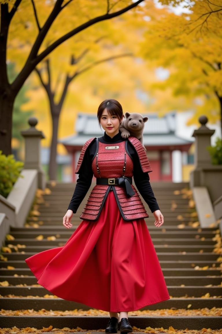 A realistic movie-like image. dynamic pose, bottom view of many yellow leaves of ginkgo trees falling in the wind. An Asian beautiful woman, beautiful eyes and face, short hair with a cute baby pygmy hippo on his shoulder, wearing a beautiful red and black samurai armor, a red robe fluttering in the wind, red amidst flower petals is walking down the stone steps of the shrine. Golden light shines from the side, warm and soft light, realistic, behind is blurred is a shrine.