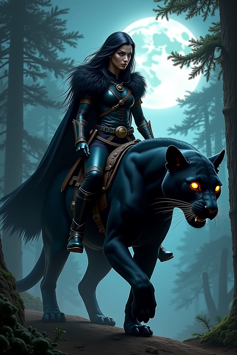 Cloven forest twilight, Cylene Blackarrow, an elite elven ranger, commando, and ninja, rides her jaguar mount, as the moon casts an eerie glow on the foliage. Her black steel-hy clothes blend with the shadows, while her fur cape flows like a dark river behind her. Multiple belts adorn her physique, each holding a deadly weapon or tool of her primal huntress trade. The phanter's ferocious glowing eyes pierce through the darkness as it surveys its surroundings, ready to pounce at a moment's notice.