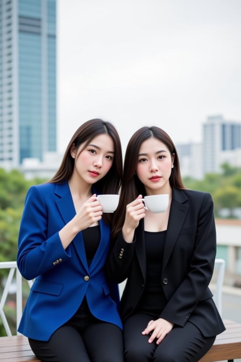 Create a full-length image, two 24-year-old Thai-Chinese women with long hair down to their mid-back, one wearing a blue suit with a black inner jacket, black trousers, the other one wearing a black suit with a blue inner jacket, sitting and drinking coffee and cake together, both holding a coffee cup in one hand, with a view of a tall building in the background, a view of a street in Thailand