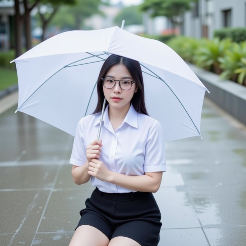 a young Asian woman is seated on a gray concrete sidewalk, holding a white umbrella in her right hand. She is wearing Thai high school uniform , and black shorts. Her hair is dark brown, and she's wearing a pair of eye glasses. The umbrella she is holding has a white handle, and the umbrella casts a shadow on the concrete sidewalk. The background is blurred, but it appears to be raining.,soft focus,white short sleeve shirt,black pleated skirt