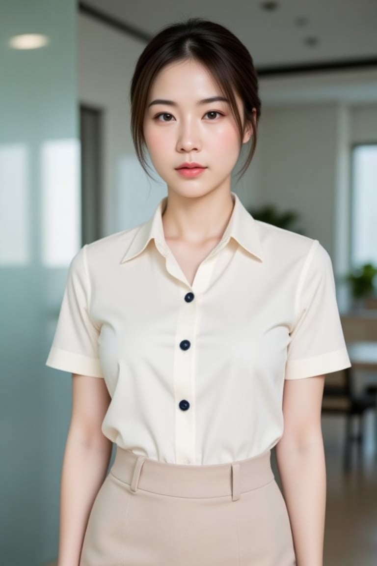 Create a full-body, Close-up portrait of a 22-year-old Thai-Chinese woman with delicate facial features, styled with her hair in a sleek, neat bun. She exudes confidence as she poses in a professional office environment. She is dressed in a cream-colored button-up blouse with dark blue suite unbotton, paired with a high-waisted light beige pencil skirt with a subtle front slit. The clean and sophisticated outfit complements her poised expression. The lighting is soft, highlighting her face 