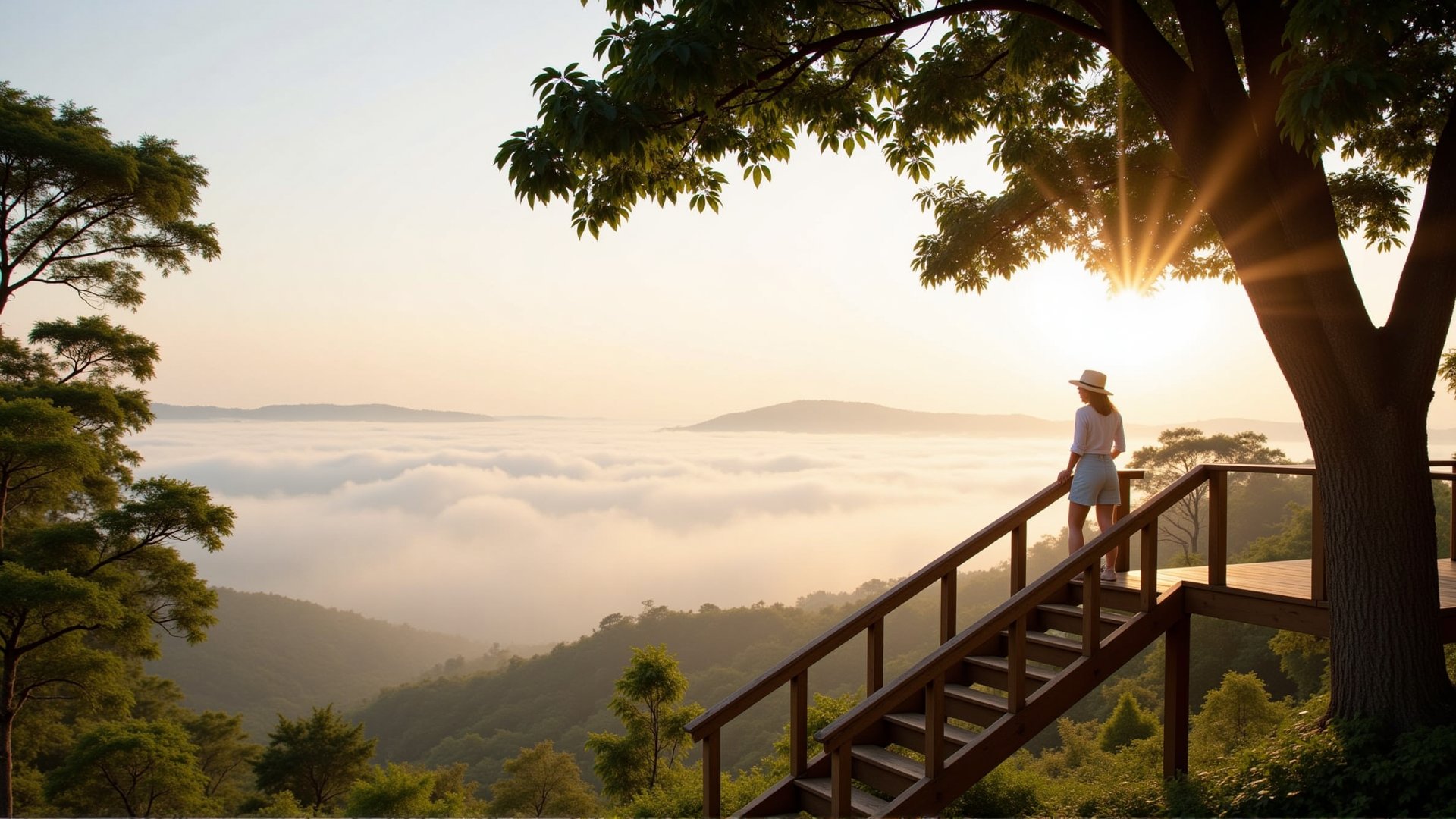 Create a peaceful morning landscape image. There is a wooden viewing platform built around a large tree with a long staircase leading up. A young woman wearing a white hat stands on the viewing platform, looking out at the sea of ​​mist covering the valley. Under the golden light of the morning sun, the sky gradually changes from soft tones to bright gold as the sun rises. The surrounding trees are lush and green, surrounding this image, creating a sense of calm and connection to nature.