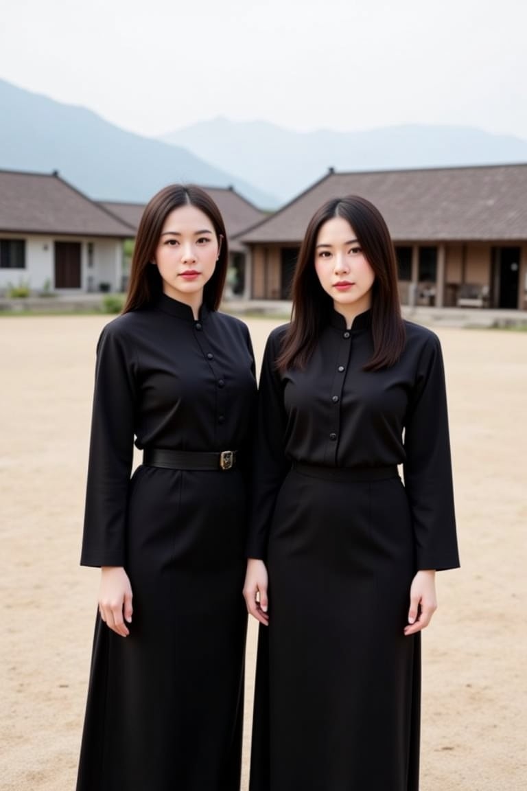 Two 24-year-old Tai Song Dam women are dressed in traditional Tai Song Dam clothing in black, featuring their distinct cultural attire. The background is an open area with traditional Tai Song Dam houses, reflecting the unique architectural style of the ethnic group.