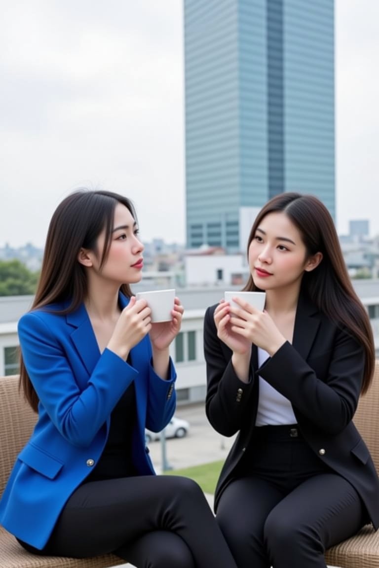 Create a full-length image, two 24-year-old Thai-Chinese women with long hair down to their mid-back, left woman wearing a blue suit with a black inner jacket, black trousers, RIght woman wearing a black suit with a white inner jacket, sitting and drinking coffee and cake together, both holding a coffee cup in one hand, with a view of a tall building in the background, a view of a street in Thailand