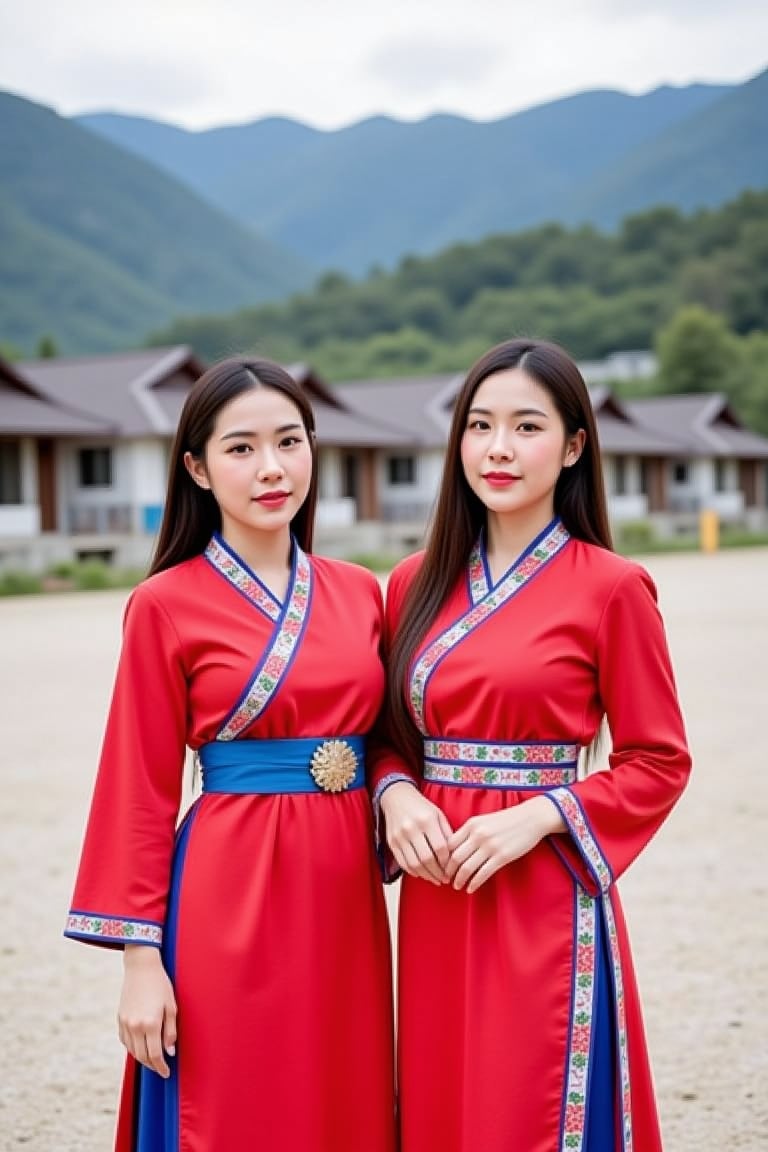 Two 24-year-old Tai Song Dam women are dressed in traditional Tai Song Dam clothing, featuring their distinct cultural attire. The background is an open area with traditional Tai Song Dam houses, reflecting the unique architectural style of the ethnic group.