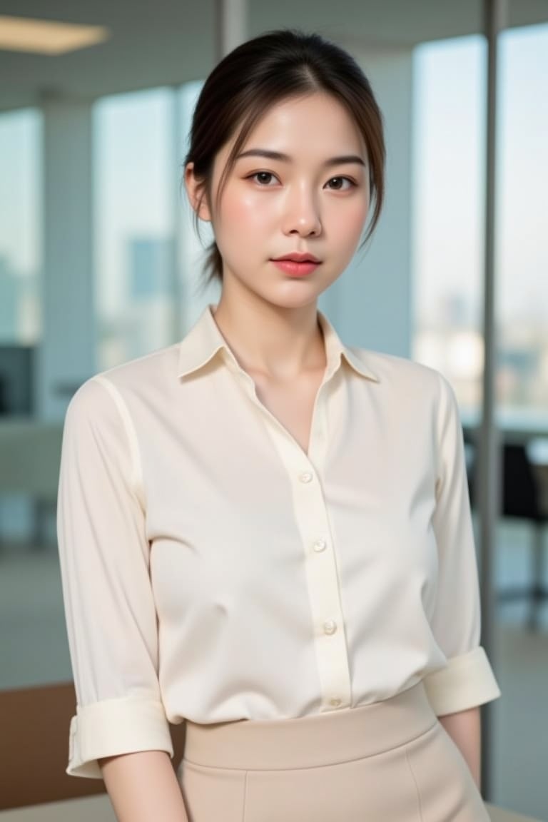 Close-up portrait of a 25-year-old Thai-Chinese woman with delicate facial features, styled with her hair in a sleek, neat bun. She exudes confidence as she poses in a professional office environment. She is dressed in a cream-colored button-up blouse, paired with a high-waisted light beige pencil skirt with a subtle front slit. The clean and sophisticated outfit complements her poised expression. The lighting is soft, highlighting her face and creating a warm, natural glow, while the modern office background with large windows and a hint of the city skyline adds to the professional atmosphere.