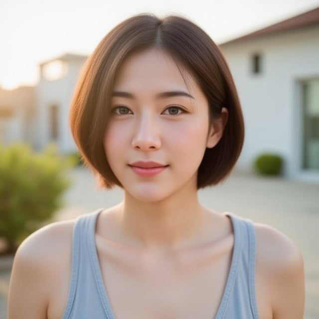 A young woman with a short hair and blue eyes, standing in a bright and airy outdoor setting. She's dressed in casual wear, with a gentle smile on her face as she gazes off into the distance, the warm sunlight casting a flattering glow on her features. The camera frames her from the chest up, with a shallow depth of field to emphasize the sparkle in her eyes.