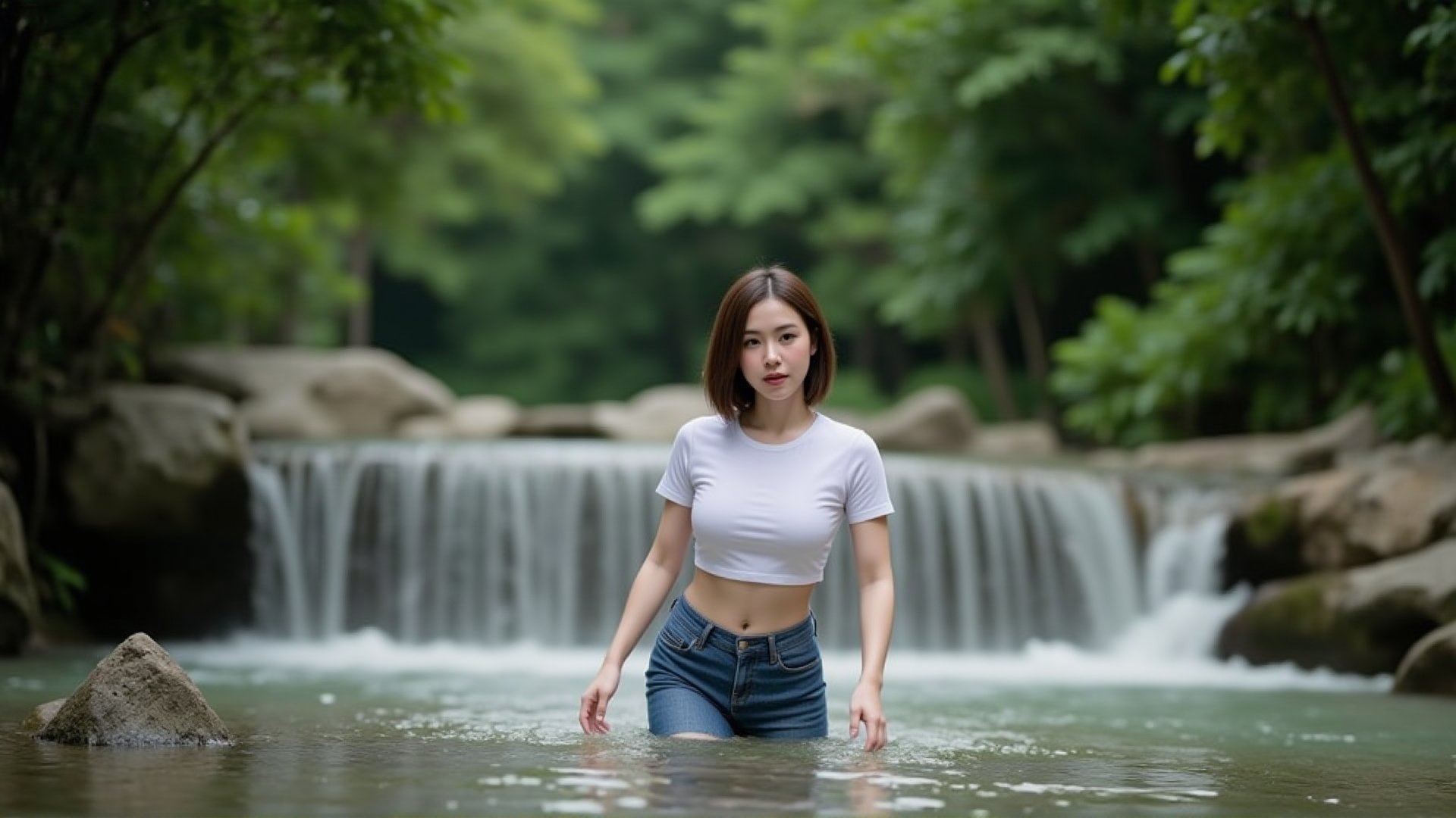 Beautiful Thai girl with a perfect figure, wearing a wet white t-shirt, and wet jeans, playing in a waterfall in a deep forest. Beautiful white skin, clear water, full-body