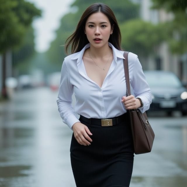 A woman AGE 19 in a white button-up shirt and black slkirt runs through the rain, completely drenched. The rain is coming down hard, and the woman is struggling to keep her footing as she splashes through the growing puddles. her face is contorted in a grimace as she clutches her briefcase tightly, trying to protect it from the rain. The city streets around her are blurred and indistinct, the only thing visible is the rain streaming down her face. Rose Gold IPhone, Rose Apple Smartwatch,Gold necklace, Gold earting,belt