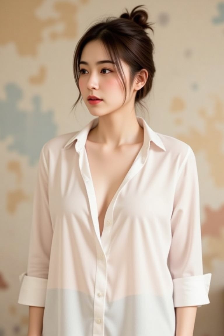 Create a soft, dreamy image of a so beautiful sexy young woman standing in a relaxed, natural pose. 
She is dressed in a loosely fitted, semi-transparent, oversized white shirt that drapes over her body, with hints of sunlight filtering through it. 
The shirt is slightly unbuttoned, revealing delicate glimpses of her figure underneath. 
Her hair is tied up in a messy bun, with a few strands falling gently around her face, giving her a serene, thoughtful expression. 
The background is an abstract mix of soft earth tones, with splashes of color that resemble brush strokes on a canvas, blending harmoniously with her attire. The overall feel of the image is delicate, painterly, and artistic, as though captured in a moment of quiet contemplation.