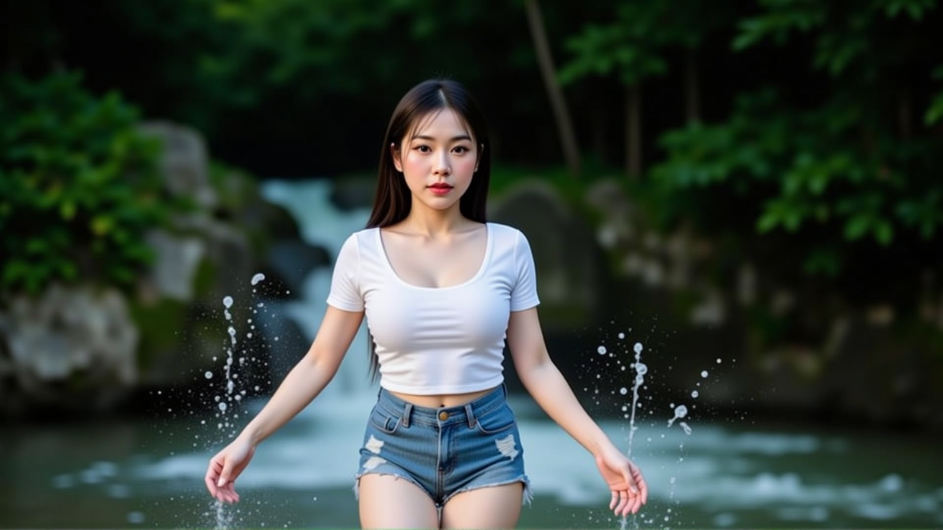 Beautiful Thai girl with a good figure, wearing a wet white t-shirt, and wet jeans, playing in a waterfall in a deep forest. Beautiful white skin, clear water, splashing water everywhere. full-body