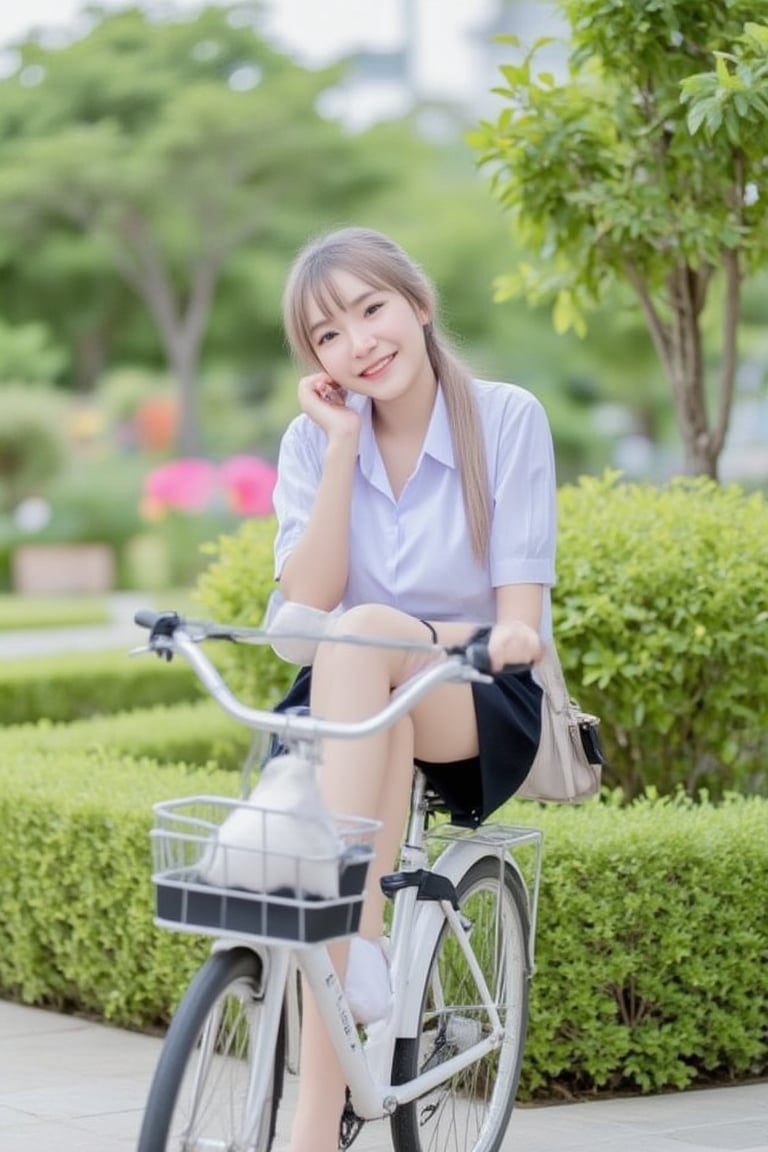 Beautiful, cute Korean girl, 20 years old Long gray-pink hair, wearing a t-shirt. Short skirt, carrying a camera sitting on a bicycle The front basket has a cute white Persian cat. in the flower garden