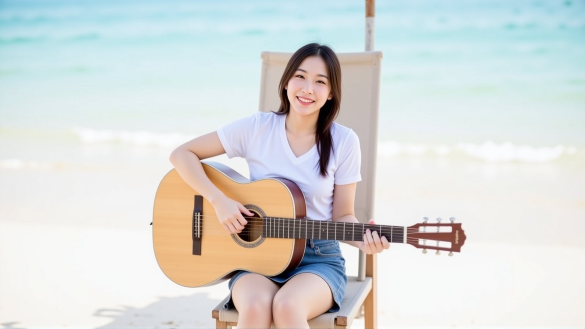 A beautiful 20-year-old girl with long brown hair, fair skin, a bright smile, wearing a short white T-shirt, a short denim skirt, playing an acoustic guitar on a canvas chair, on a beautiful beach with white sand.