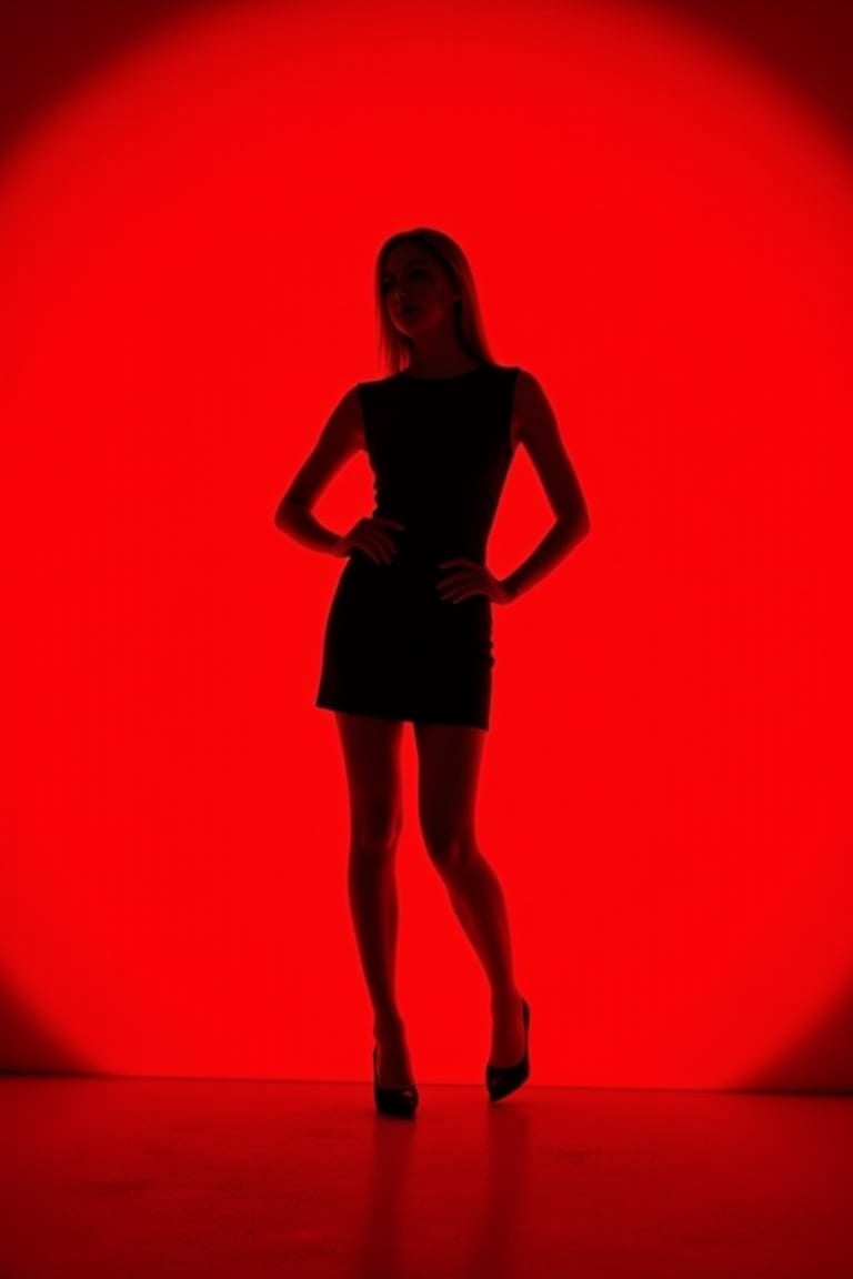 Silhouette of a woman posing gracefully, backlit by a bright [red] light. The figure is standing in high heels with one hand on the waist, with clear contrast between the black silhouette and the [red] background. The light source creates a glowing effect that emphasizes the shape of the model, creating a dramatic and elegant look. The atmosphere should convey a sense of elegance and mystery.