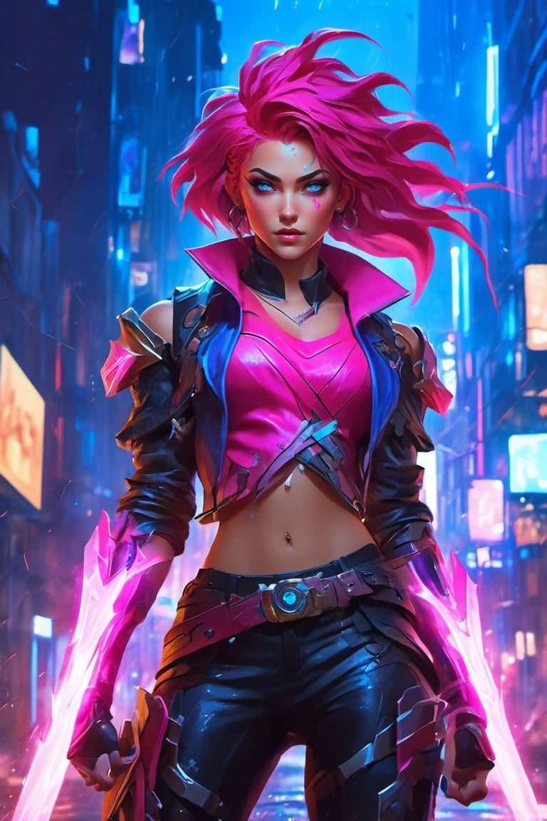 Create a dynamic and vibrant illustration of Vi from League of Legends in a tensort art style. She stands in a powerful pose, showcasing her muscular build and fierce expression. Her signature pink hair, styled in an edgy undercut, contrasts with the glowing blue energy emanating from her massive gauntlets. The background features a gritty, cyberpunk cityscape with neon lights reflecting off rain-soaked streets, enhancing the atmosphere. Emphasize sharp lines, vivid colors, and intricate details that capture the essence of her character, conveying movement and energy as she prepares for battle.”