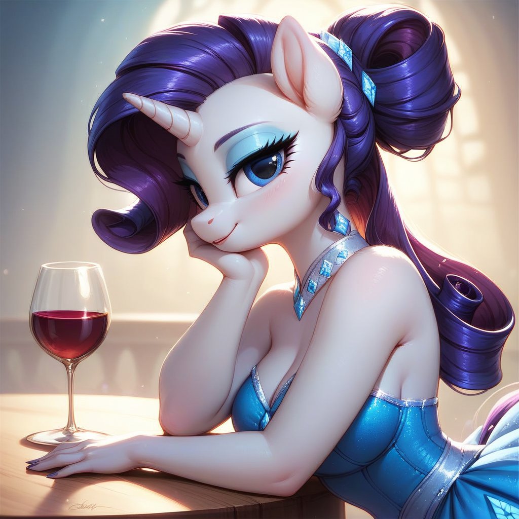 score_9, score_8_up, score_8, Rarity \(mlp\), unicorn pony anthro, gazing at viewer, wearing ball gown, close up, posing with wine glass, low light, at the table at the gala