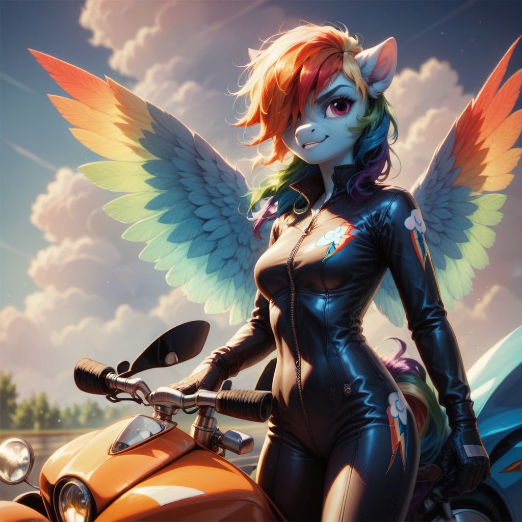 score_9, score_8_up, score_8, pony anthro, hair over one eye, Rainbow Dash, big wings, biker clothes, bikesuit, bodysuit, gloves, cowboy shot, motorcycle, motor vehicle, ground vehicle, on vehicle, cinematic, detailed