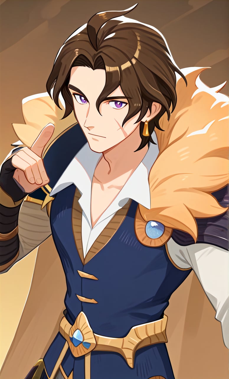 Valen(AFK), 1boy, Roving Swordsman, Purple eyes, brown hair, golden earring, scars on face, ahoge hair, 