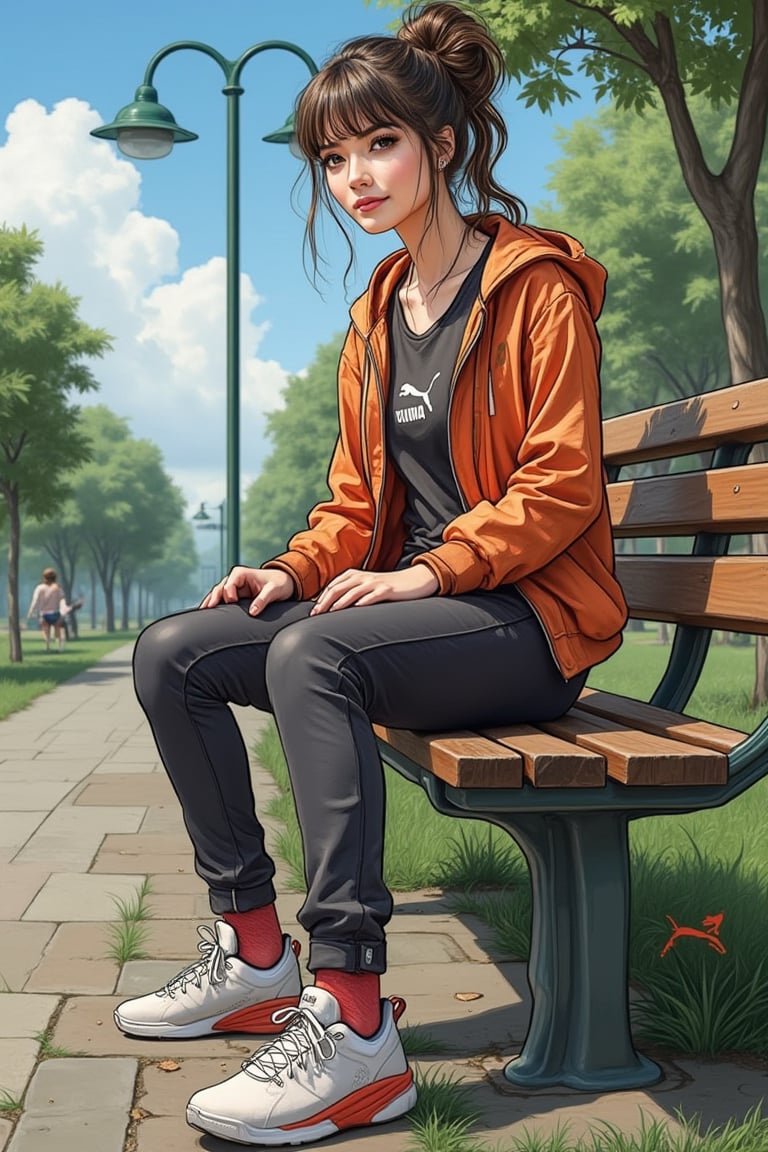 Anime 1 3d.hanna A woman sits on a bench. She wears streetwear, based on puma, women in streetwear, trends on puma streetwear, ((focus on puma shoes only)), Puma logo bottom right. Hyper realistic illustration drawing. background, recreation park