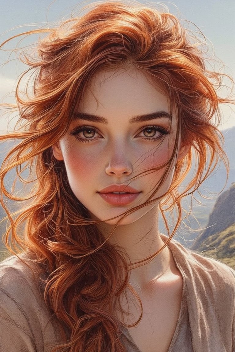 portrait painting of a woman with red hair, long, perfectly symmetrical eyes, thin 5b pencil style, soft with a mixture of charcoal, saturated, color, soft texture, short focus, vanishing point, vignetting, bright contrast, highly detailed, hyper realistic illustration, watercolor , sharp focus, studio photo, intricate details, very detailed. mountain background, wind blowing