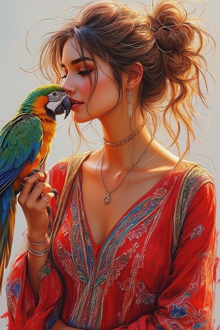 Digital Illustration 1.hanna Create a Platte knife painting, oil color, twin ponytails, beautiful woman with golden highlights hairstyle, red skin, printed long dress, kissing a cute parrot. Parrots look at it with love, intrinsic details, abstract background, acrylic on canvas, bright and expressive colors.