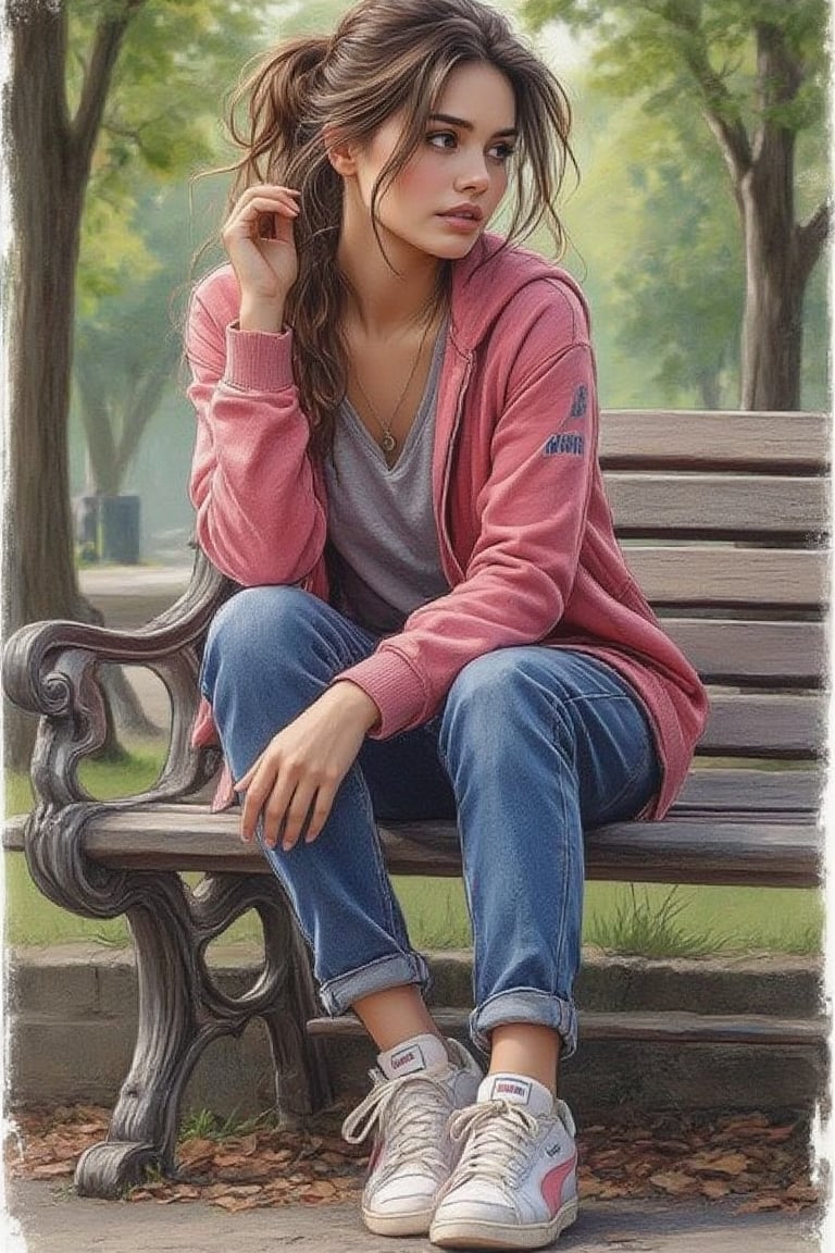 Digital Illustration 1.hanna A woman sits on a bench. She wears streetwear, based on puma, women in streetwear, trends on puma streetwear, ((focus on puma shoes only)), Puma logo bottom right. Hyper realistic illustration drawing. background, recreation park