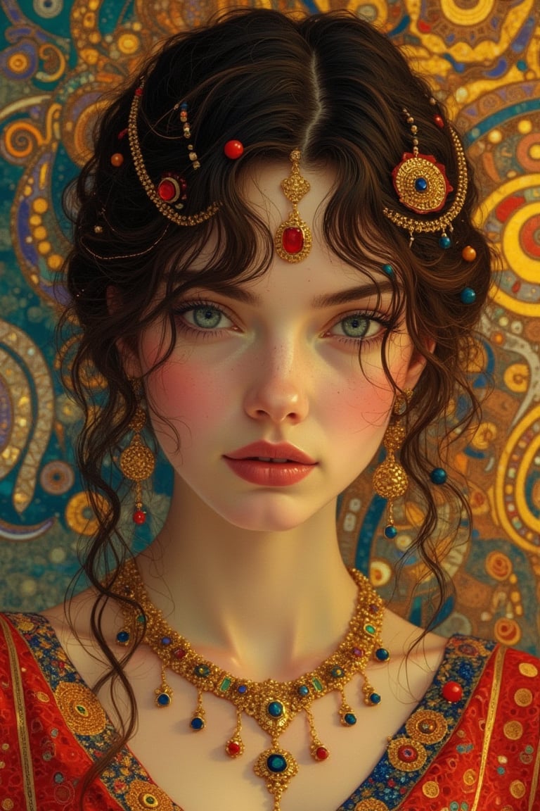 Hyper digital inspired by Gustav Klimt realistic, modern, 8k resolution, photorealistic, reddish black hair, light blue eyes, stunning beautiful woman, white skin, cinematic, in modern Indian dress, Red soft lighting, delicate feeling, pensive, expression, dynamic composition, textured background, bright and soft mixed colors, delicate smile, elegant, professional, artistic artistic style, Indian jewelry and soft photography. soft pastel bokeh background decorated like in pixiv fun box