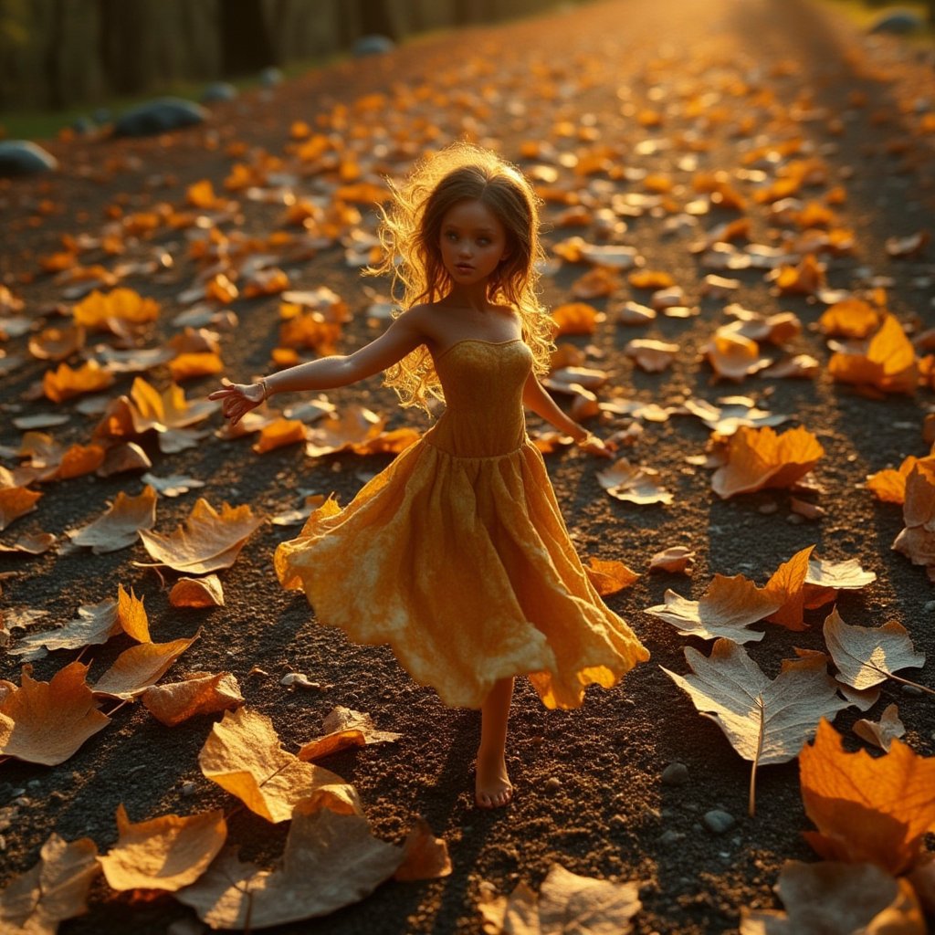 A cinematic masterpiece! A 35mm lens captures the essence of golden hour, leaves in the form of a young woman with colors: orange, brown, grey and yellow, on the ground forming the alluring image of hers, the wind blows and a few leaves move as if the woman figurine was dancing on the ground, ultra detailed, ultra realistic, 8k