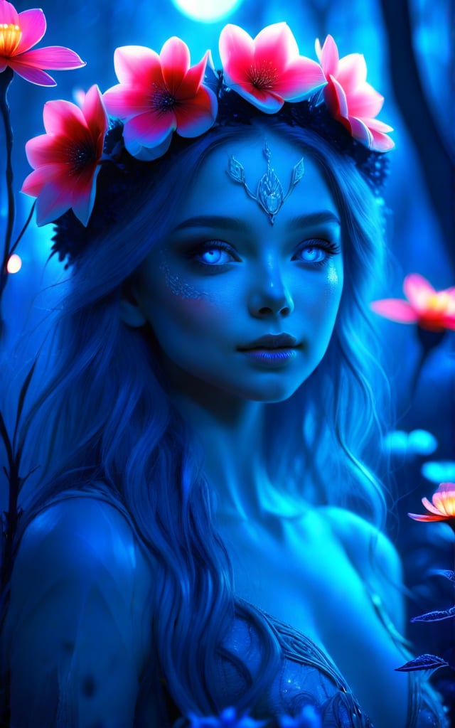 (best quality, 8K, highres, masterpiece), ultra-detailed 1girl with a flower crown and icy blue eyes in a moonlit garden. Dark shadows and glowing elements create a contrast between light and dark, enhancing the ethereal atmosphere. Bright colors and vivid lighting add a sense of magic and enchantment.