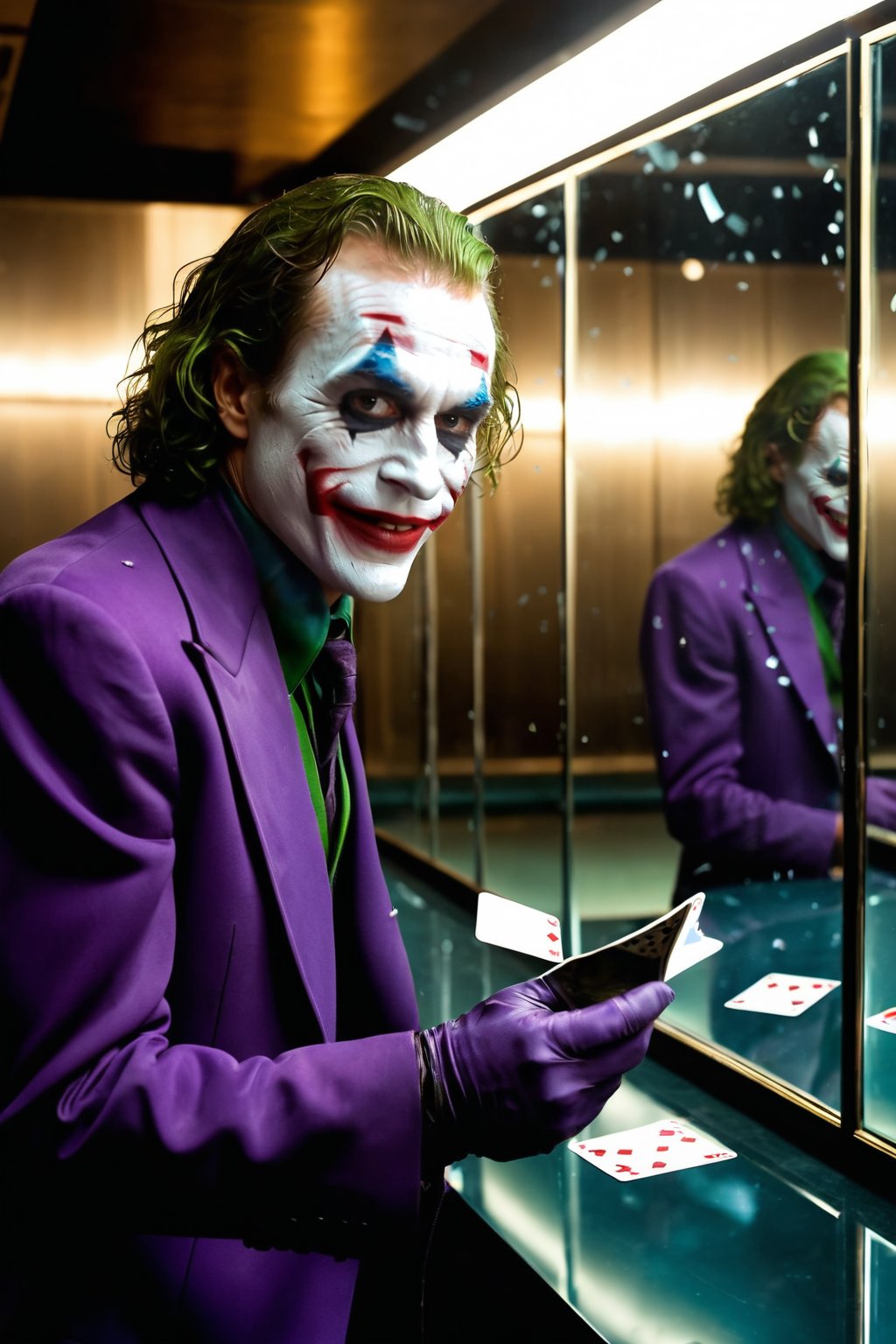 	“Joker and his house of mirrors”: Picture the Joker inside a dimly lit hall of mirrors, his reflection multiplied infinitely around him. Each reflection distorts his maniacal laugh, and in his hand, he holds a cracked mirror with his iconic playing card tucked inside. The shattered reflections and warped glass create an eerie and chaotic composition, blending his grin with the madness of the environment.