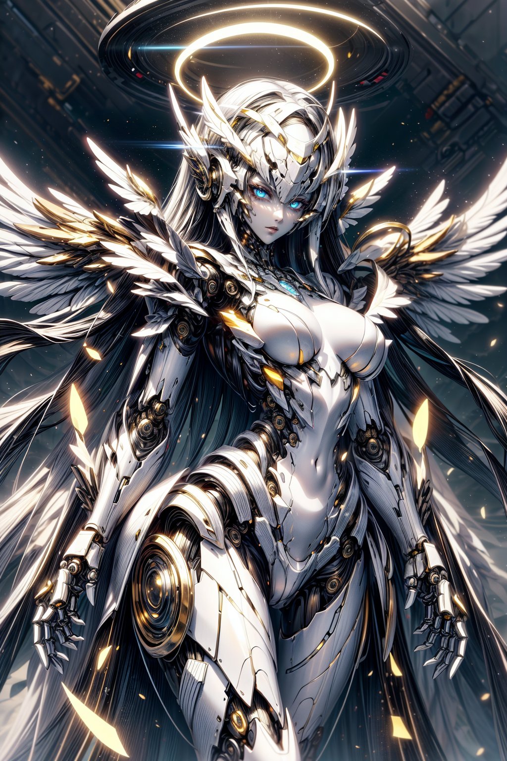 “Create a detailed and futuristic image of a silver female robot standing in a sleek, high-tech environment. The robot has a smooth, metallic body made of polished silver panels, with glowing blue lines running through the joints and along her limbs, indicating advanced circuitry. Her face is a blend of human-like features and robotic design, with piercing, glowing blue eyes and a calm expression. Her posture is elegant yet powerful, standing tall with one hand slightly raised, revealing intricate, delicate machinery in her palm. The background is a futuristic laboratory with holographic displays, glowing lights, and metallic surfaces, reflecting the clean, cutting-edge technology. The overall style should emphasize a balance between beauty and mechanical precision, blending soft human-like features with sharp robotic elements.”